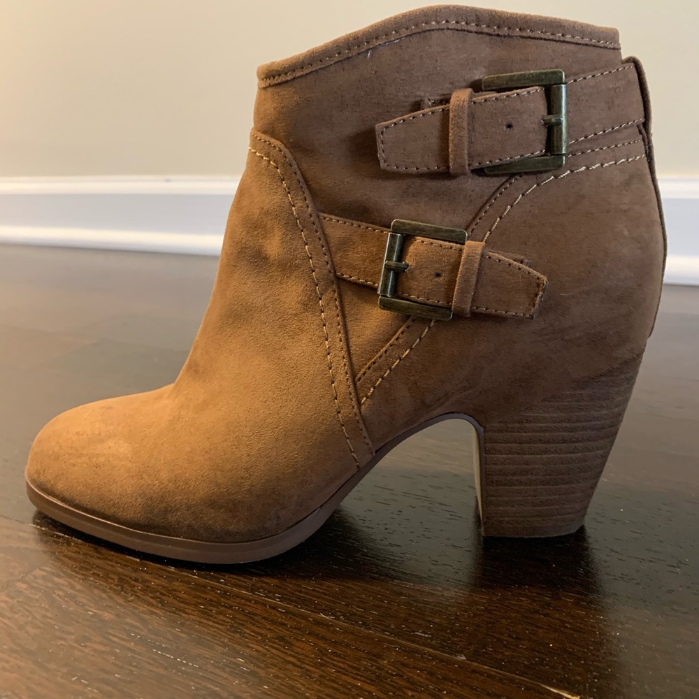 Carmel suede stacked heel booties